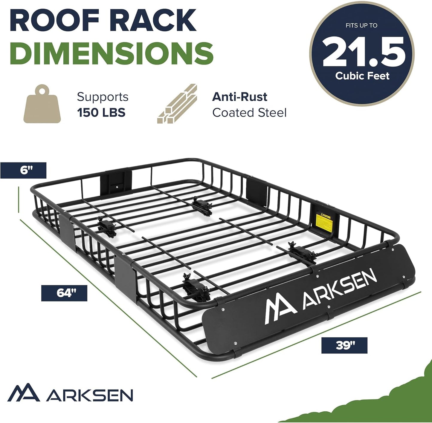 ARKSEN 64 x 39 x 6 Inch Universal 150LB Heavy Duty Roof Rack Cargo with Cargo Net, Car Top Luggage Holder Carrier Basket with Extension for SUV, Truck or RV Camping Storage Steel Construction