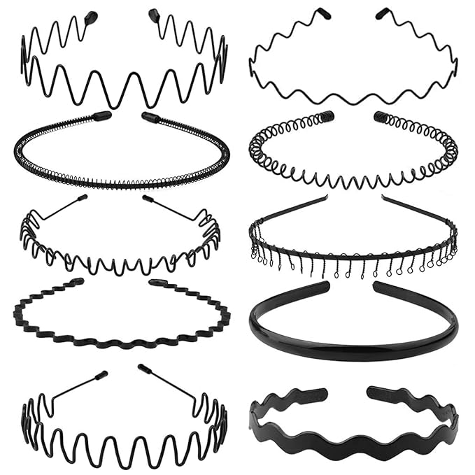 Metal Hair Band, Metal Fashion Hair Bands, Unisex Black Headbands, Wavy Headband Perfect for Outdoor Sports and Daily Use (10pcs)