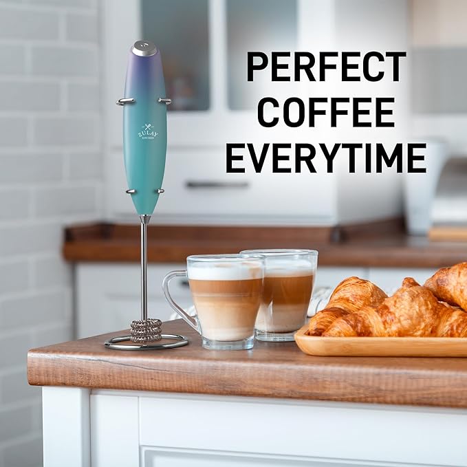 Zulay Kitchen Tornado Whisk Milk Frother with 4 AA Duracell Batteries - Triple Whisk for More Power - Handheld Coffee Frother with Stand - Drink Mixer for Lattes, Matcha & Protein Shakes
