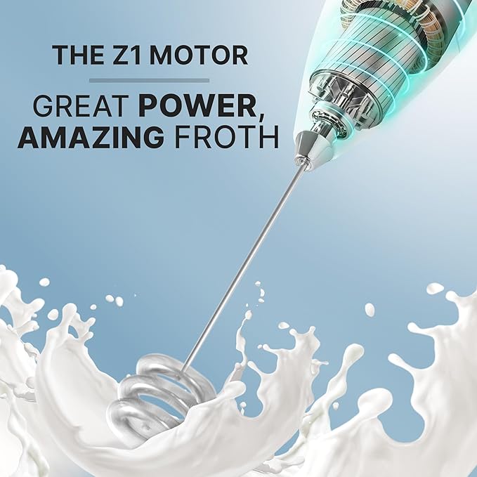 Zulay Kitchen Tornado Milk Frother Handheld Wand – Electric Coffee Frother with Triple Whisk & Stand – Hand Held Drink Mixer for Latte, Cappuccino, Matcha, Hot Chocolate, Protein Shakes – White