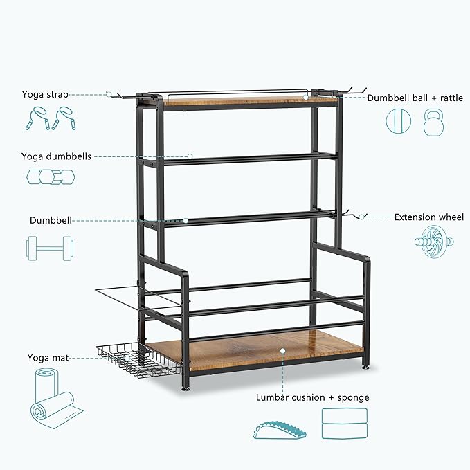 Gym Home Equipment Weight Rack – 3‑Tier Workout Storage Stand for Dumbbells & Kettlebells, Medicine Ball Holder, 460 lb Steel Organizer with Yoga Mat Basket, Hooks, Adjustable Feet, 24 x 16 in