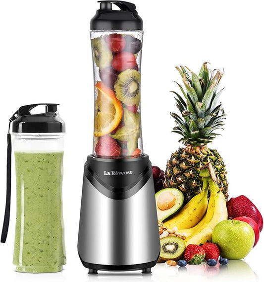 La Reveuse Smoothie Blender Personal Size 300 Watts with 2 Pieces 18 oz BPA-Free Travel Sports Bottles (Silver)