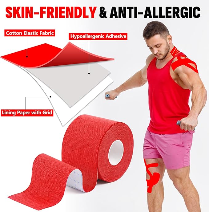 5 Rolls Kinesiology Tape, 2 inch x 16.4 Feet Waterproof Athletic Tape, Uncut Kinetic Tape, Muscle Tape, Sports Tape, Knee Tape for Exercise and Daily Use - Red