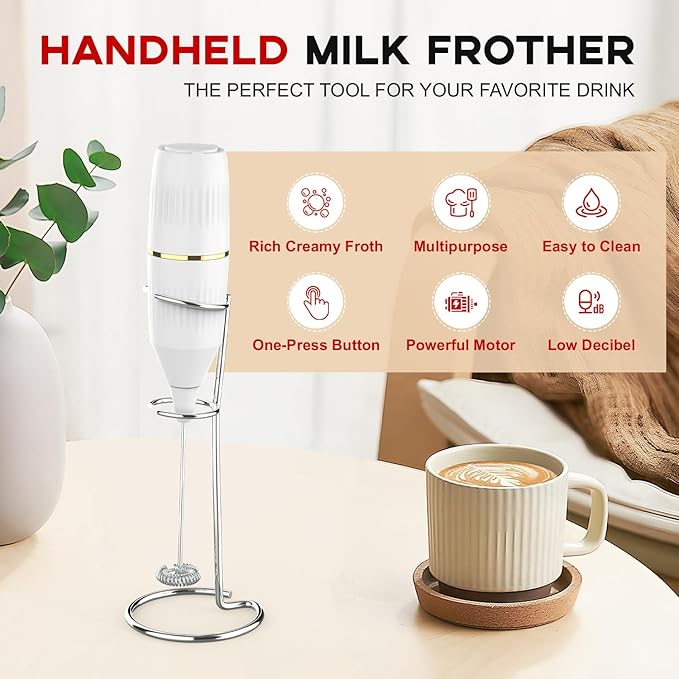 Handheld Milk Frother 14,000 RPM Drink Mixer Wand with Stand & Stirring Spoon Quiet One-Button Operation, Non-Slip Handle, Detachable Whisk Head for Coffee, Lattes, Cappuccinos, Matcha (White)