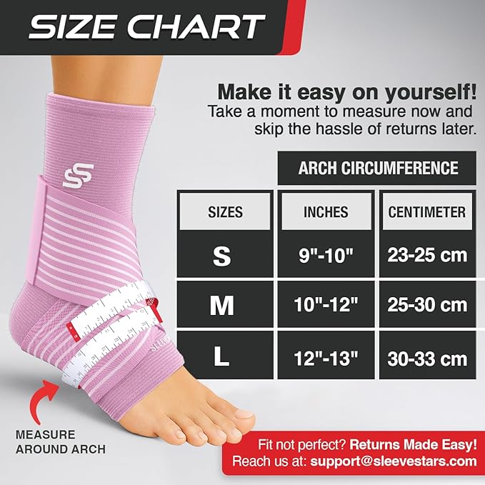 Sleeve Stars Ankle Brace for Women & Men, Ankle Wrap for Sprained Ankle, Compression Sleeve for Plantar Fasciitis Relief, Easy Customizable Support: w/ Removable Strap (Single/M:10"-12"/Baby Pink)
