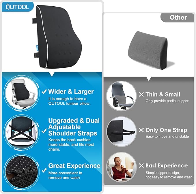 QUTOOL Lumbar Support Pillow for Office Chair,Office Home Essentials,Back Support Pillow for Car, Chair Cushions,Back Pain Relief Improve Posture,Mesh Cover Double Adjustable Straps