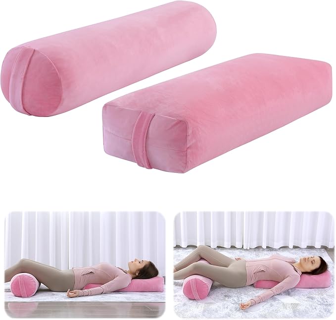 ROYALAY 2 Pcs Yoga Bolster Pillow for Restorative Yoga, Rectangular and Cylinder Meditation Pillow Set with Carrying Handles, Supportive Cushion for Exercise Workout Stretching Meditation,Pink