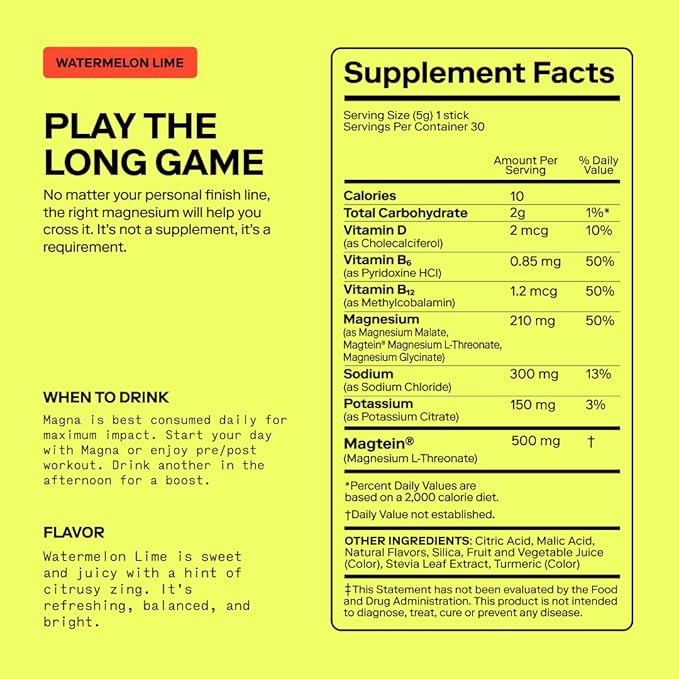 MAGNA Electrolyte Powder Drink Mix for Hydration, Energy & Focus Support with Magnesium L Threonate, Malate & Glycinate, Sodium, Potassium, Vitamin D, B6 & B12, Watermelon Lime Flavor, 7 Servings