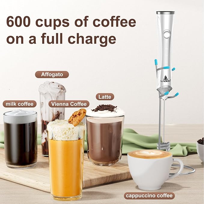 Rechargeable Frother Wand with Stand, Milk Frother with Detachable Stainless Steel Double Rings Whisk, 3-Speed Handheld Electric Drink Mixer for Lattes, Cappuccino, Coffee (White)