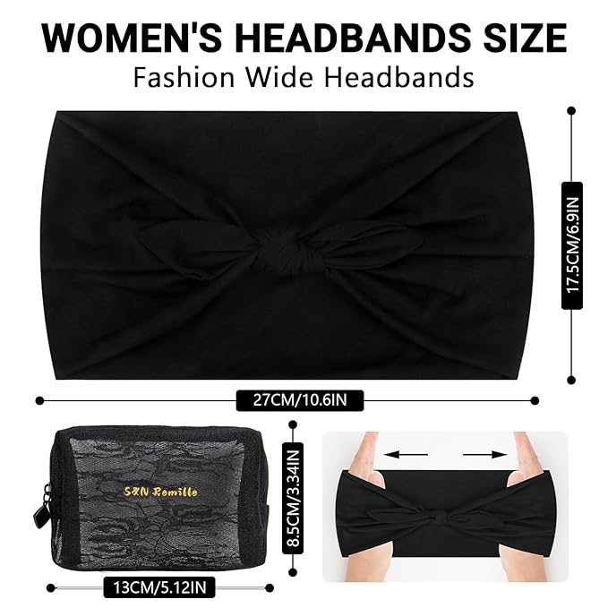 S&N Remille Wide Headbands for Women, Large Hairband, Elastic Non-Slip Headband Twist Knotted Accessories, Yoga Workout Vintage Hair 3 Pack (Multi-colored-2)