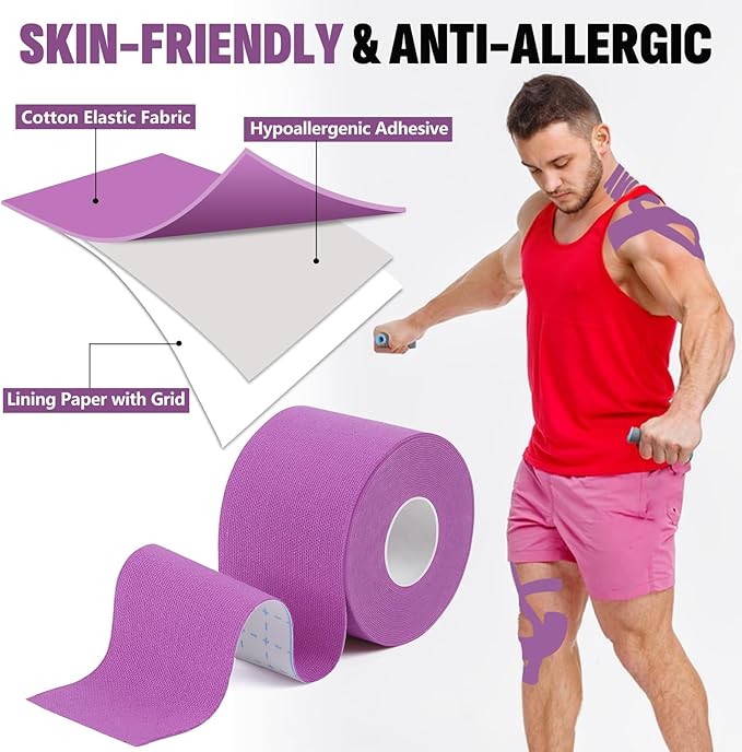 5 Rolls Kinesiology Tape, 2 inch x 16.4 Feet Waterproof Athletic Tape, Uncut Kinetic Tape, Muscle Tape, Sports Tape, Knee Tape for Exercise and Daily Use - Purple