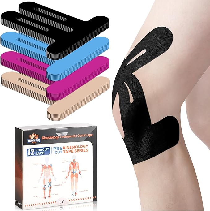 Kinesiology Tape for Knees Pre Cut, 12 PCS Upgrade KTQUICK Knee Tape For Knee Pain Relief Pre Cut, Original Cotton Knee Tape, Flexible & Durable Sports Tape for Support & Comfort During Workouts,Black