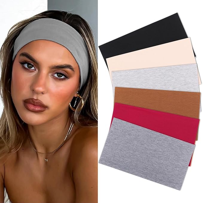 6 Pcs Wide Headbands for Women Extra Large Turban Stretch Fashion Headband Boho Hair Band Workout Running Sport Hairband Girls Accessories (Black, Coffee, Wine Red, Beige, Dark Gray, Light Gray)