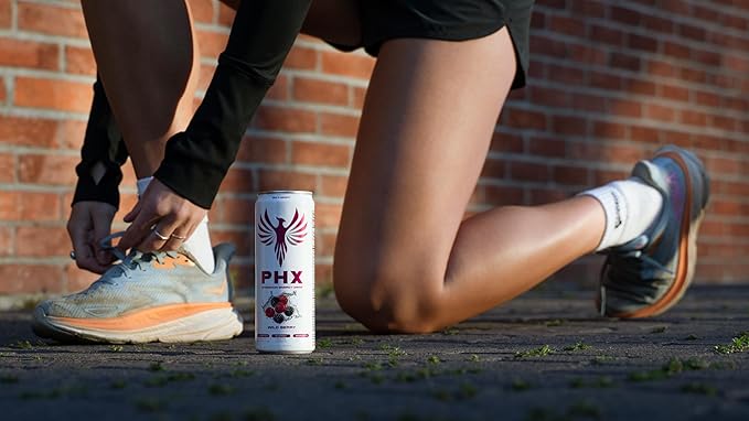 PHX Hydration Energy Drink - 700mg Electrolytes, 200mg Natural Green Tea Caffeine, 100% Daily Value 8 Essential Vitamins - 12 oz Cans (12 Pack) (12 Pack, Wild Berry)