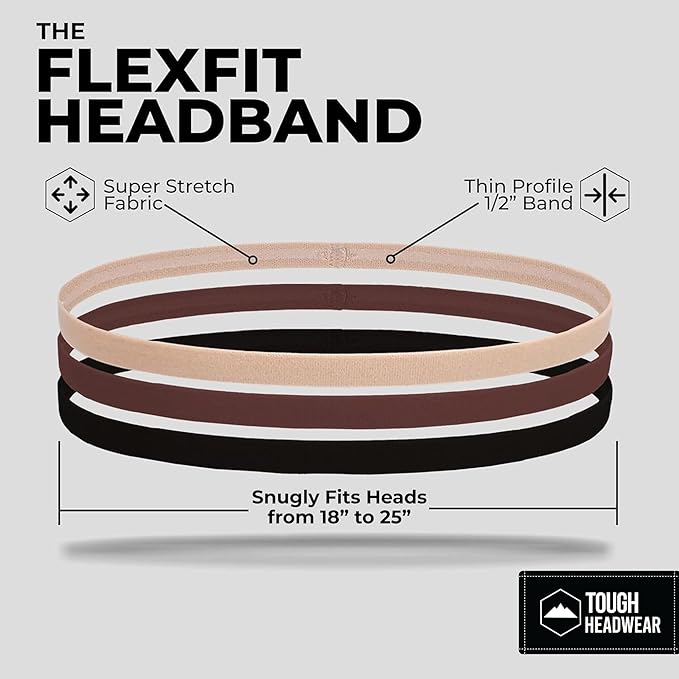 Tough Headwear Thin Elastic Headbands for Men - Sports Hair Head Band for Women & Men - Non Slip Mens Workout Headband - Running or Soccer Headband - 6-Pack