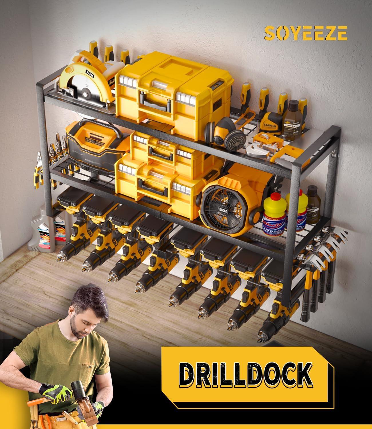 SOYEEZE Power Tool Organizer & Storage Wall Mount - Heavy Duty Metal 8 Drill Holder, 3 Layer Premium Garage Utility Power Tool Rack &Tool Shelf,Great as Gifts for Men Father's Day-Large-Black