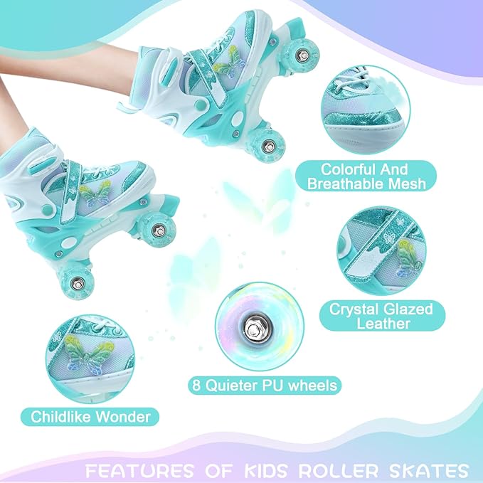 Kids Roller Skates for Girls-Outdoor 4 Size Adjustable Butterfly Quad Rollerskates for Indoor Ages 3-12 Years Beginners Children's Birthday Gift with Light Up Wheels patines para niñas Indoor