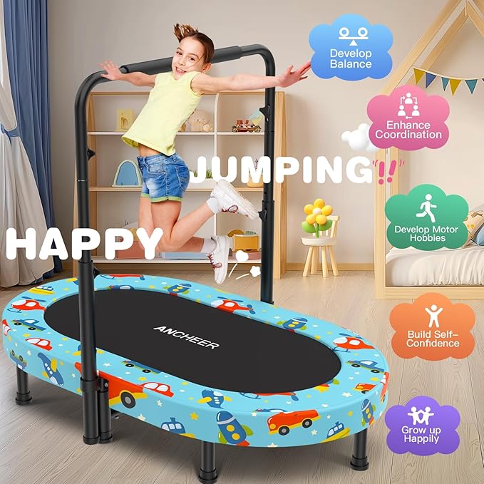 ANCHEER 56" Double Mini Trampoline for Kids, Mini Rebounder with 5-Level Adjustable Handle, Parent-Child Trampoline for Kids, Max Load 220lbs, Fun for Indoor/Outdoor