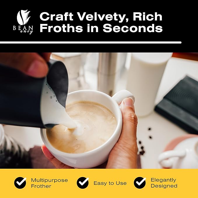 Bean Envy Milk Frother Handheld for Coffee - Electric Hand Blender, Mini Drink Mixer Whisk & Coffee Foamer Wand with Stand for Lattes, Cappuccino, Matcha and Hot Chocolate - Kitchen Gifts - Black