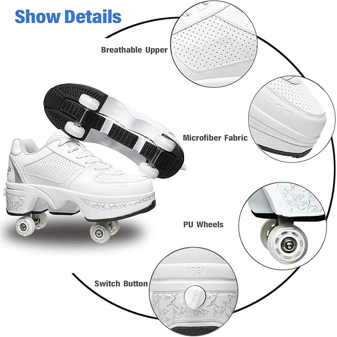 Roller Skate Shoes for Women Four Rounds Children's Roller Skates Shoes That Turn into Rollerskates Sneakers Outdoor Light Shoes with Wheels for Girls/Boys