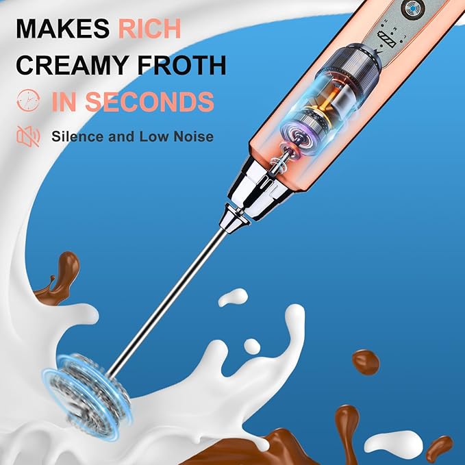 YUSWKO Rose Gold Handheld Milk Frother Wand with Stand for Coffee, Rechargeable Electric Whisk with 3 Heads 3 Speeds Drink Mixer Coffee Frother For Latte, Cappuccino, Hot Chocolate, Egg