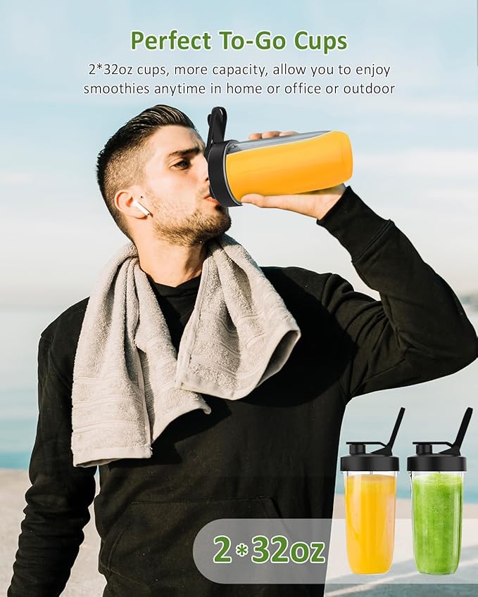 Smoothie Blender, 1300 W Upgraded Compact Personal Blender for Shakes and Smoothies, Juice, Frozen Drinks, Sauces & More, Smoothies Maker with 2 * 32 Oz To-Go Cups, 2*Spout-Lids