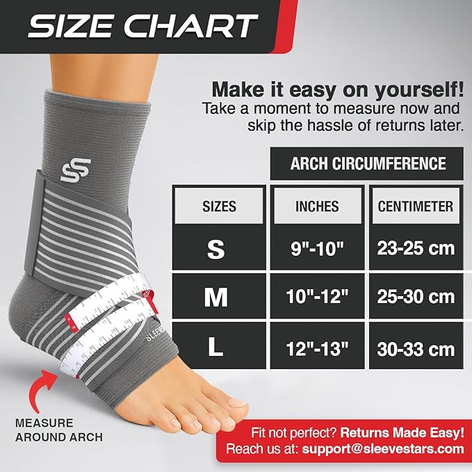 Sleeve Stars Ankle Brace for Women & Men, Ankle Wrap for Sprained Ankle, Compression Sleeve for Plantar Fasciitis Relief, Easy Customizable Support: w/Removable Strap (Single/S:9"-10"/Gray)