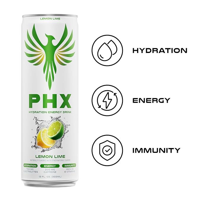 PHX Hydration Energy Drink - 700mg Electrolytes, 200mg Natural Green Tea Caffeine, 100% Daily Value 8 Essential Vitamins - 12 oz Cans (12 Pack) (12 Pack, Lemon Lime)