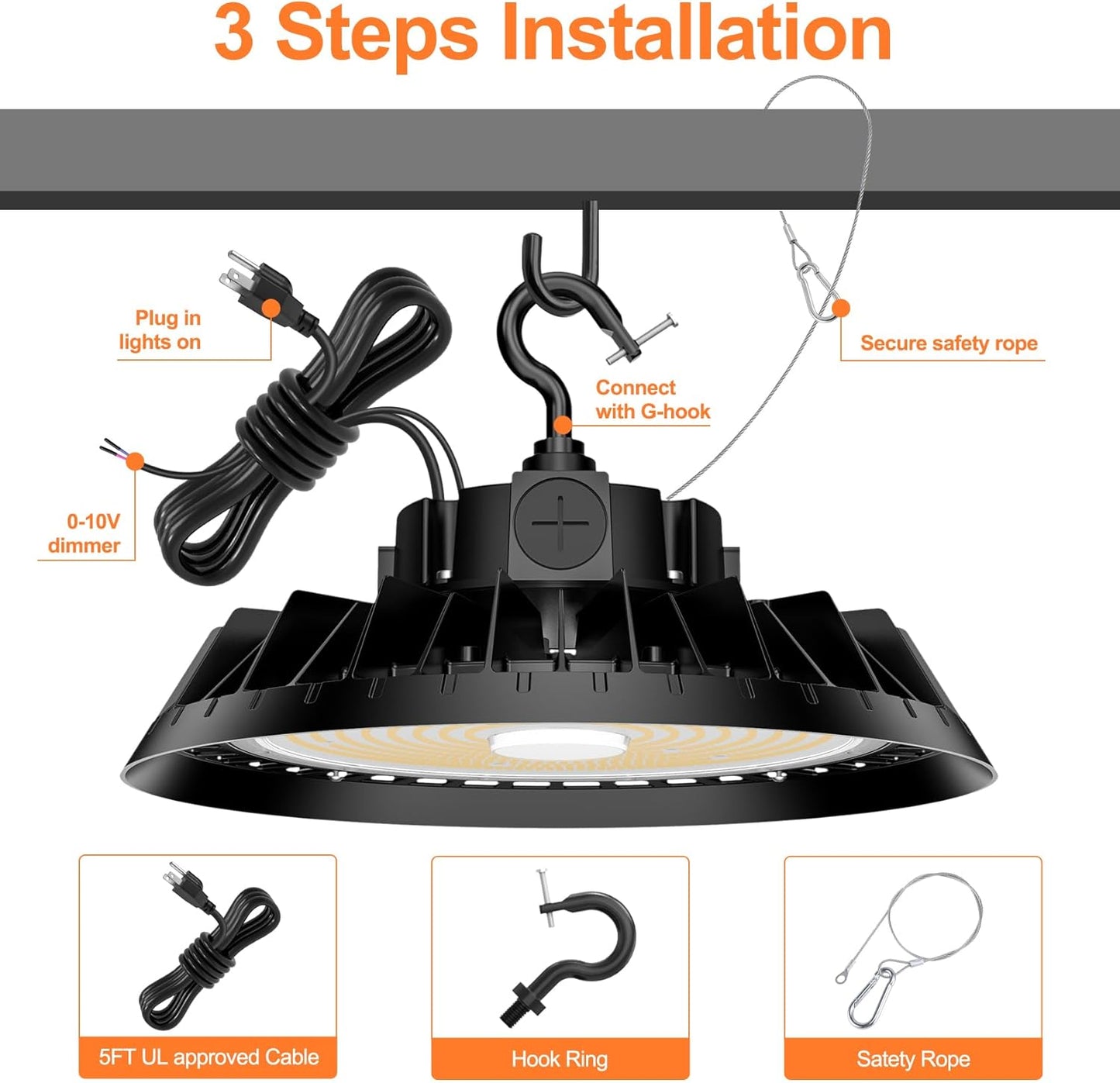 6Pack LED High Bay Lights, 300W UFO High Bay LED Shop Lights, 45000LM Adjustable CCT(5700K 5000K 4500K) & Power(300W 240W 200W), 0-10V Dimmable, 5' Cable Plug, IP65 Waterproof, ETL & DLC Listed