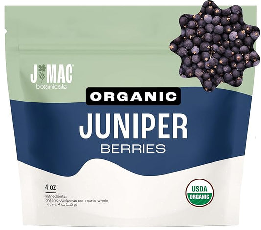 J MAC BOTANICALS, Organic Whole Juniper Berries, Certified Organic, juniper for herbal infusions, cooking and seasoning beef, pork, turkey brine, soups, syrups, cocktail bombs (4 oz)
