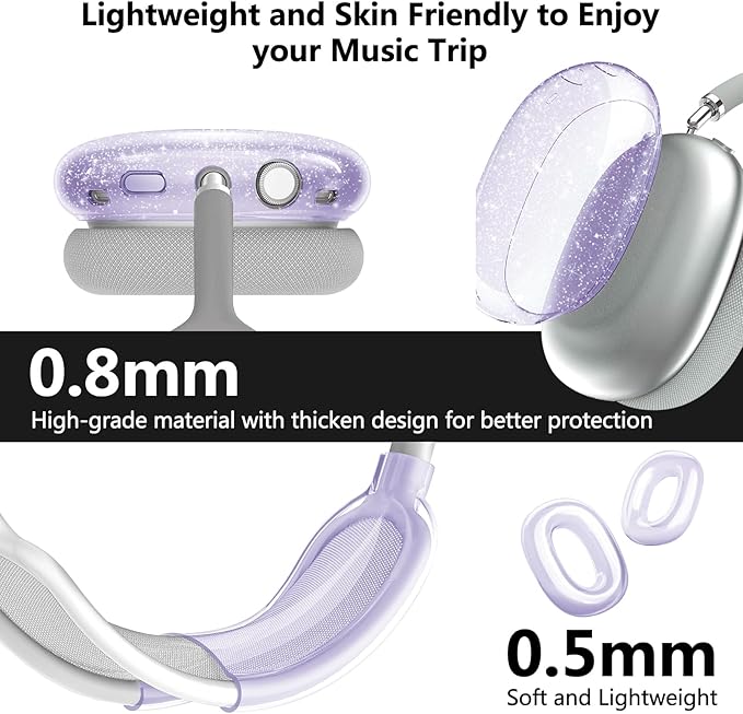 for AirPods Max Case Clear Glitter,3 in 1 Clear Soft TPU Ear Cups Case Cover/Ear Pad Case Cover/Headband Cover for Airpods Max Case Cover,Case for AirPod Max Headphone Accessories-Purple