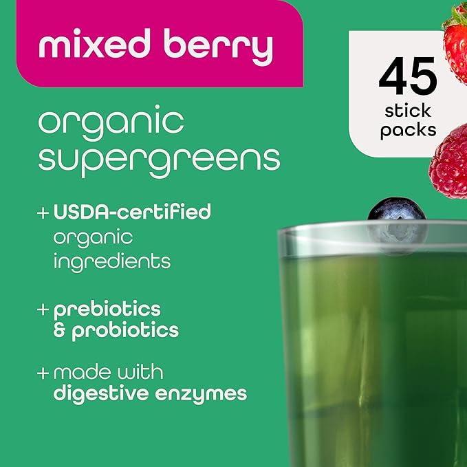 Zena Nutrition Organic Super Greens Powder, 70+ Superfoods, 0 Sugar, 5G Fiber, Spirulina, Chlorella, Antioxidants, Prebiotics/Probiotics, Digestive Enzymes, Mixed Berry, 45 Drink Mix Packets