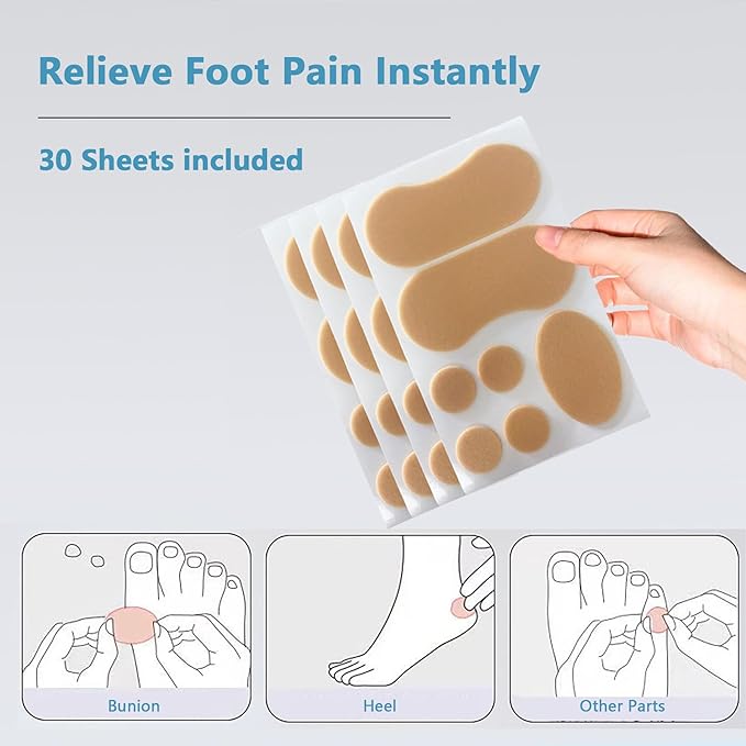 30 Sheet Foam Blister Bandages Pads - Waterproof Adhesive Blister Cushion Toe Tapes for Heel/Foot/Toe - Heel Pad for Prevention/Recovery, Secures Dressings & Skin Chafing Protector