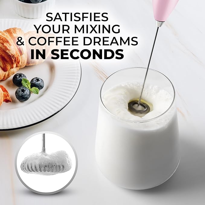 Zulay Powerful Milk Frother for Coffee with Upgraded Titanium Motor - Handheld Frother Electric Whisk, Milk Foamer, Mini Mixer and Coffee Blender Frother for Frappe, Latte, Matcha, No Stand - Pink