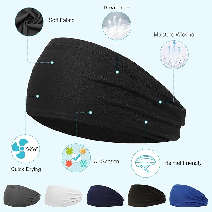 Headbands for Men, 6 Pack Mens Headband Sports Sweatbands, Moisture Wicking Hair Bands for Running, Cycling, Basketball, Yoga, Fitness, Workout Sweat Hairband for Women Men