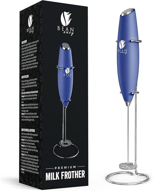 Bean Envy Milk Frother Handheld for Coffee - Electric Hand Blender, Mini Drink Mixer Whisk & Coffee Foamer Wand with Stand for Lattes, Cappuccino, Matcha and Hot Chocolate - Kitchen Gifts - Blue