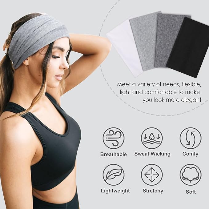 DRESHOW Wide Headbands for Women Elastic Turban Hair Bands Boho Head Bands for Women's Hair Non-Slip Yoga Workout Hairband Girls Accessories 4 Pack
