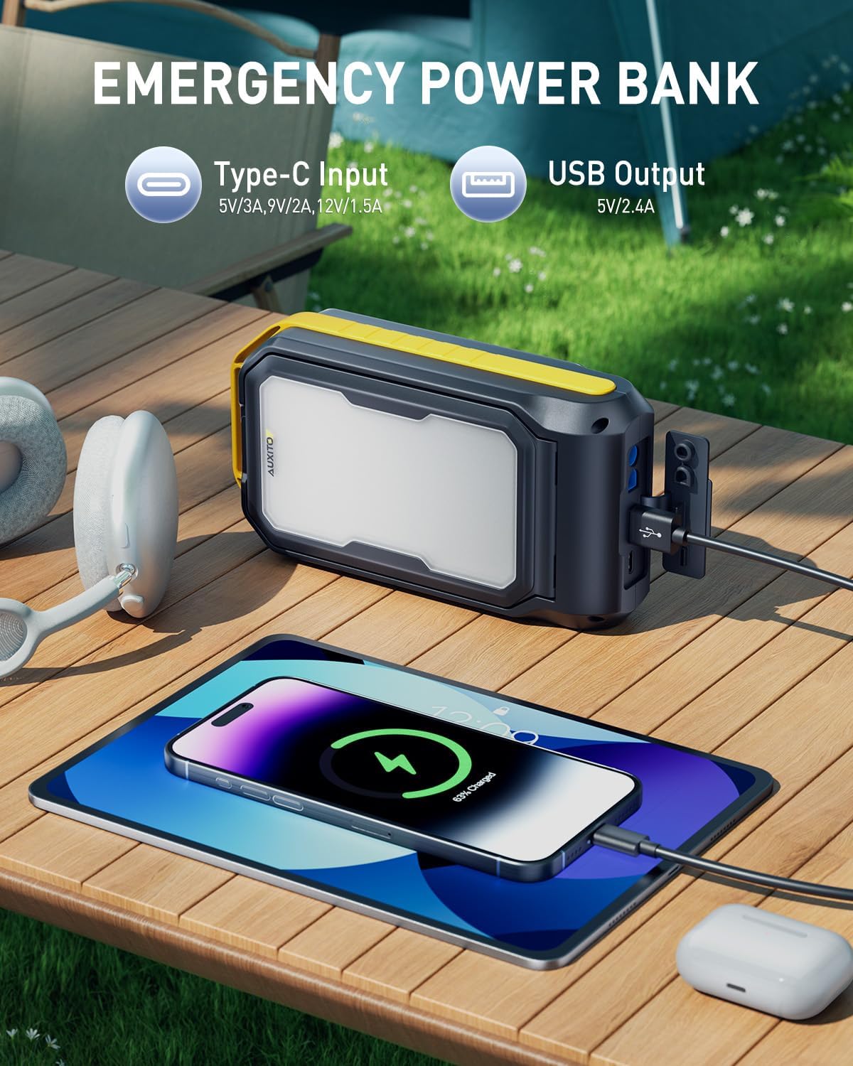 AUXITO Jump Starter: 6000A Car Portable-Battery Jumper Box with 4000LM LED Outdoor Camping Light and Power Bank Function, Up to 10.5L Gas and 10L Diesel Engines, USB Ports and Jumper Cable Included