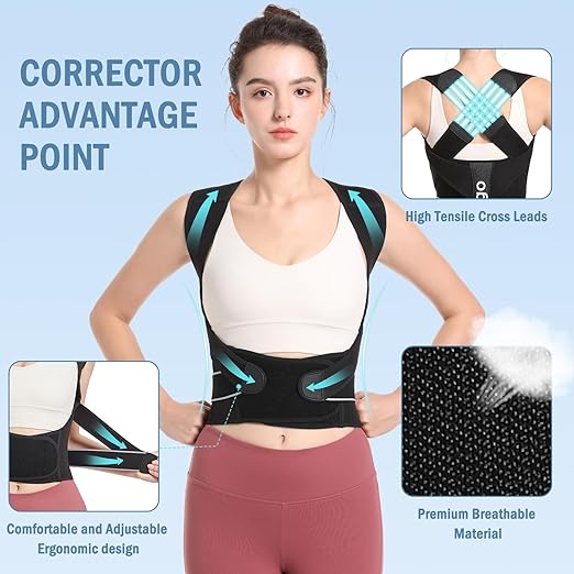 Posture Corrector,Suitable for Men and Women Upper and Lower Back Pain Relief - Scoliosis, Hunchback, Eicgo Adjustable Posture Corrector belt,Comfortable and Breathable Back Straightener (Black, X-Large)