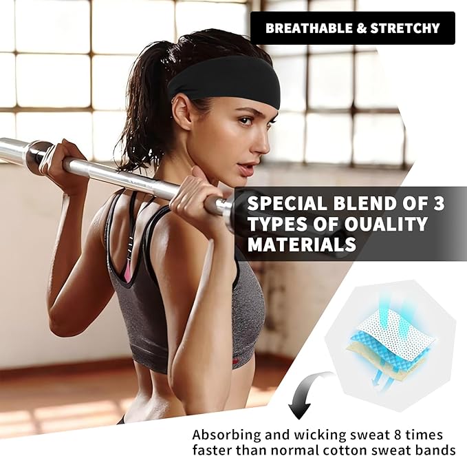 Sports Headbands for Women, Moisture Wicking Workout Headband, Stylish Comfortable and Stretchy Non Slip Headband, Sports, Yoga, Running Essentials for Women, Sweat Absorption and Quick Drying