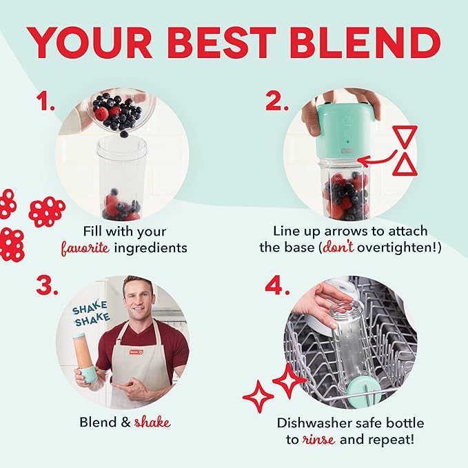 Dash 16 oz Personal USB Bottle Blender with Travel Lid and Charging Cord, Single-Serve Smoothie and Juice Maker, Aqua