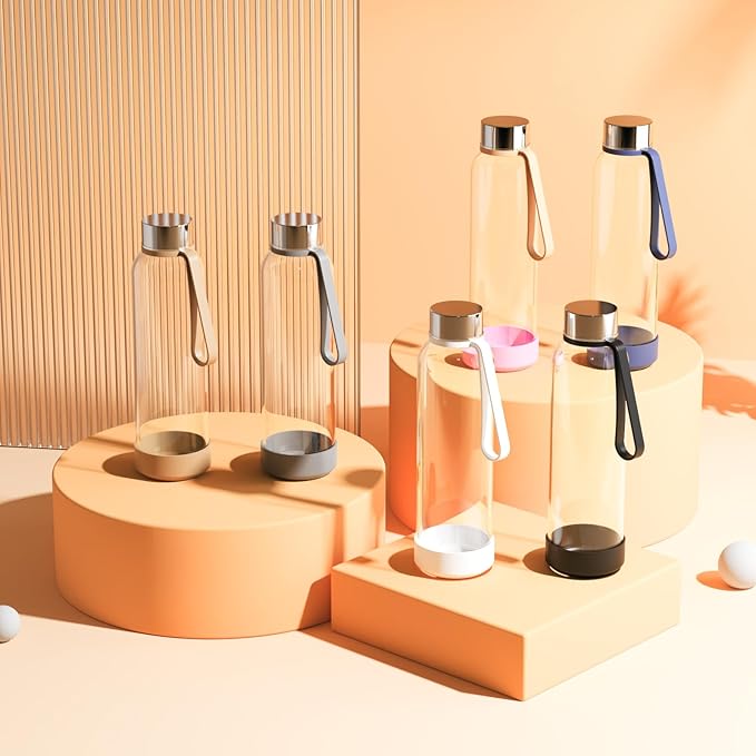 Sursip 18 oz Glass Water Bottles with Lids, Juice Bottles, Clear glass juice bottle for juicing, Eco-Friendly Reusable Glass Juicing Bottles with Stainless Steel Lid, BPA Free,Leak-Proof, Set of 6