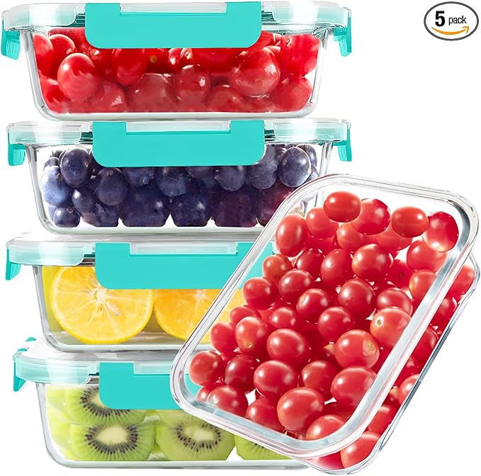 BAYZZ Glass Food Storage Containers, 5 Pack 35 Oz Glass Meal Prep Containers, Lunch Boxes with Airtight BPA-Free Lids, Microwave, Freezer and Dishwasher Safe,Green