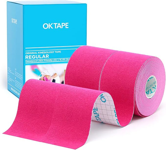 OK TAPE Regular Original Cotton Kinesiology Tape (2 Pack), Elastic Water Resistant Therapeutic Athletic Tape, Latex Free, Injury Recovery, Uncut K Tape 2in×16.4ft - Pink