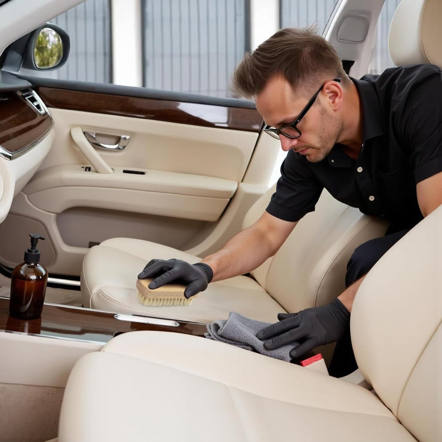 TAKAVU Leather & Upholstery Cleaning Brush Set, Pure White Boar Hair Bristle, to Clean Car Seats, Leather Sofas, for Alcantara, Interiors, Furniture, Boots, Shoes, Bags and More