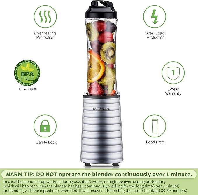La Reveuse Smoothies Blender Single Serving 300 Watts with 18 oz BPA-Free Portable Travel Sports Bottle (Silver)