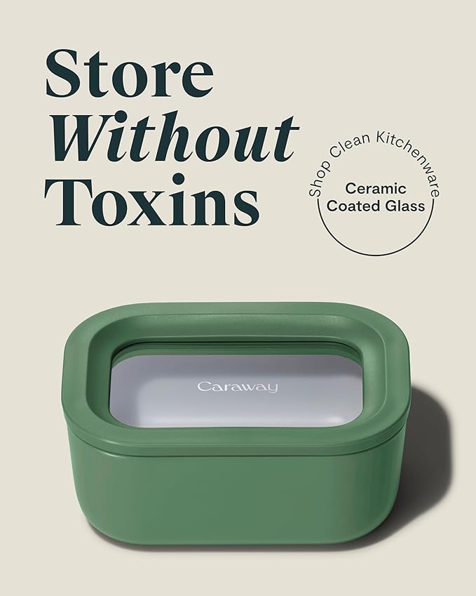 Caraway 6pc Glass Food Storage Set - 2.6 Cup Storage Containers For Food (6) - Non-Toxic Ceramic-Coated Glass - Air Release Technology - Compact & Stackable Design - Sage