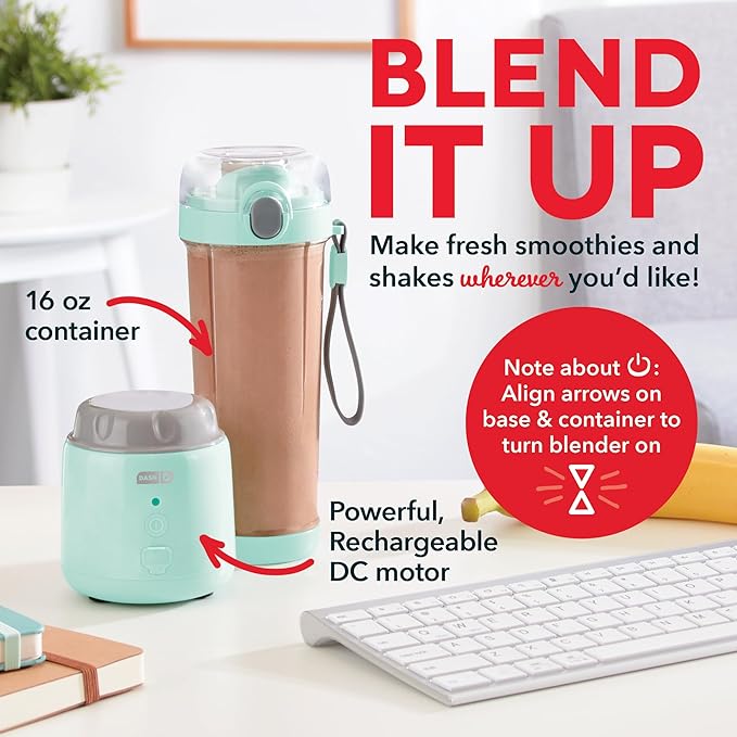 Dash 16 oz Personal USB Bottle Blender with Travel Lid and Charging Cord, Single-Serve Smoothie and Juice Maker, Aqua