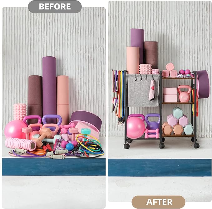 Yoga Mat Storage Rack Home Gym Equipment Organizer Holder for Foam Roller Dumbbells Kettlebells Resistance Bands and More Accessories Women Men Workout Organization with Hooks Wheels (Black)