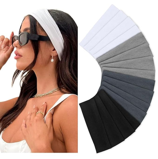 Headbands for Women Non Slip 16 Pack Elastic Sports Hair Bands for Women, Soft Cotton Cloth Headband for Workout Yoga Fashion Hair Accessories, Black White Gray Trendy Head Bands